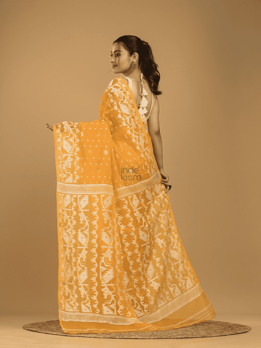 Amber Orange Cotton Silk Jamdani Saree - 001 - indeloom