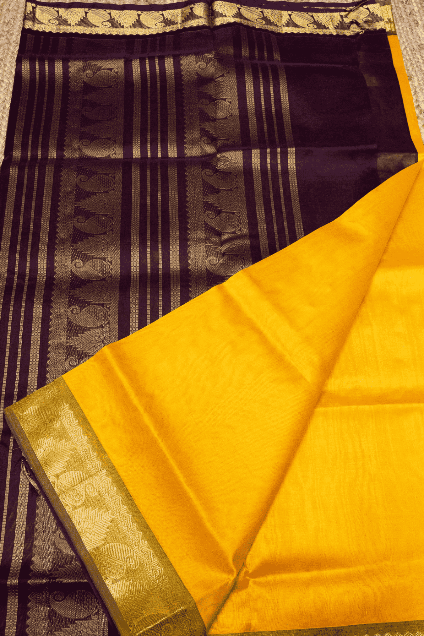 Pure Handloom Korvai Saree | Golden Yellow and Brown