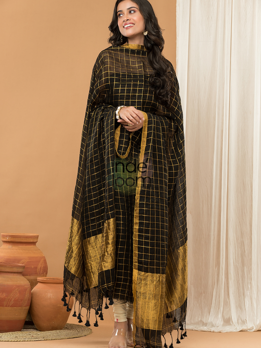 Handwoven Jamdani Linen Unstitched 2-piece Kurti  |  Midnight Black