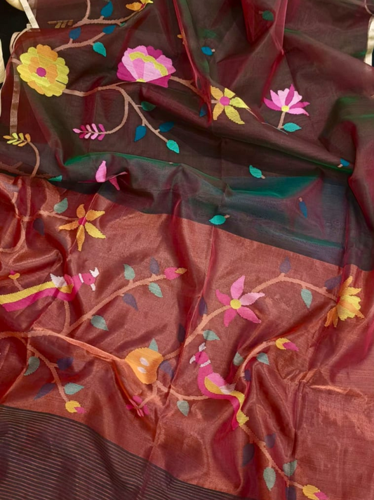 Blood Red Hand Woven Muslin Paithani Jamdani Saree -113
