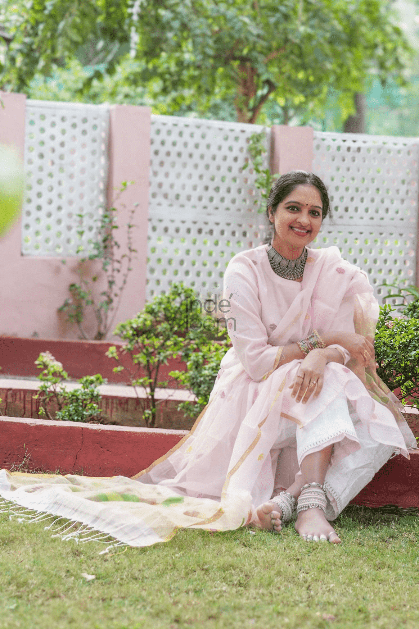 Baby Pink Muslin Jamdani 2 Piece Set Kurti & Dupatta (UNSTITCHED) -361 - indeloom