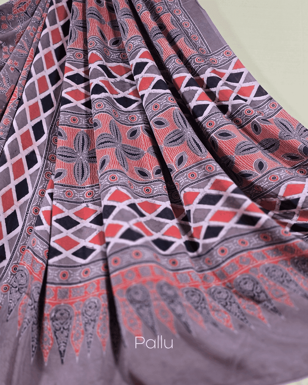 Ajrakh Exclusive Designer Modal Silk in Brick Red and Black - 027 - indeloom
