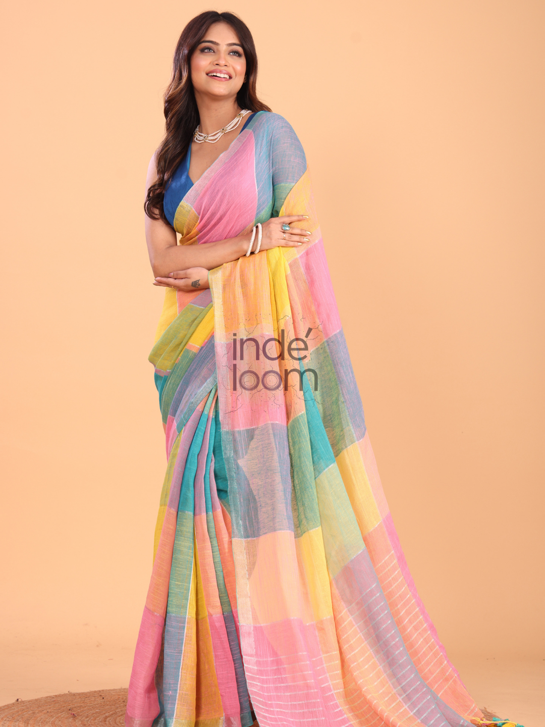 Linen Checks Saree With Pink Yellow Blue - 133
