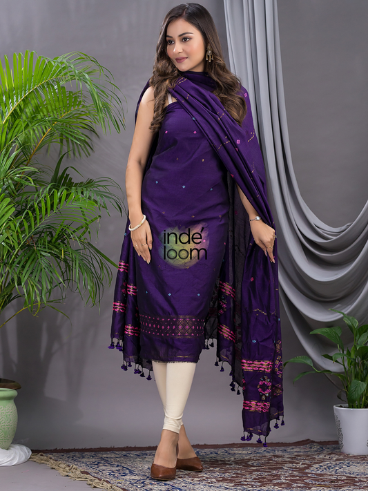 Handwoven Jamdani Silk Cotton Unstitched 2-piece Kurti  |  Indigo Purple