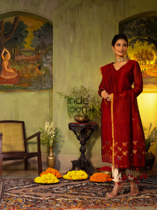 Handwoven Jamdani Linen Cotton Unstitched 2-piece Kurti  |  Burgundy Red