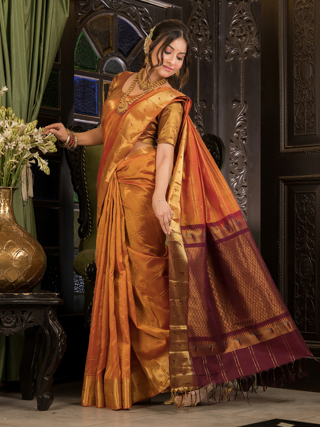 Pure Handloom Korvai Saree | Golden Orange