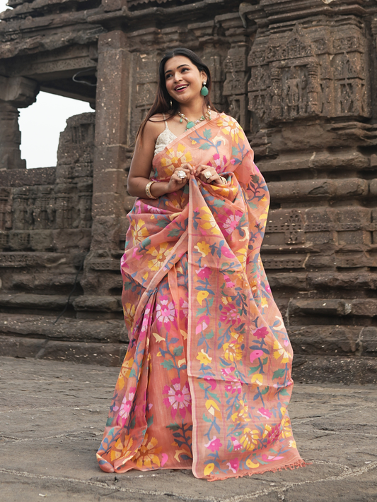 Handwoven Pure Jamdani Muslin Saree  |  Fire Orange