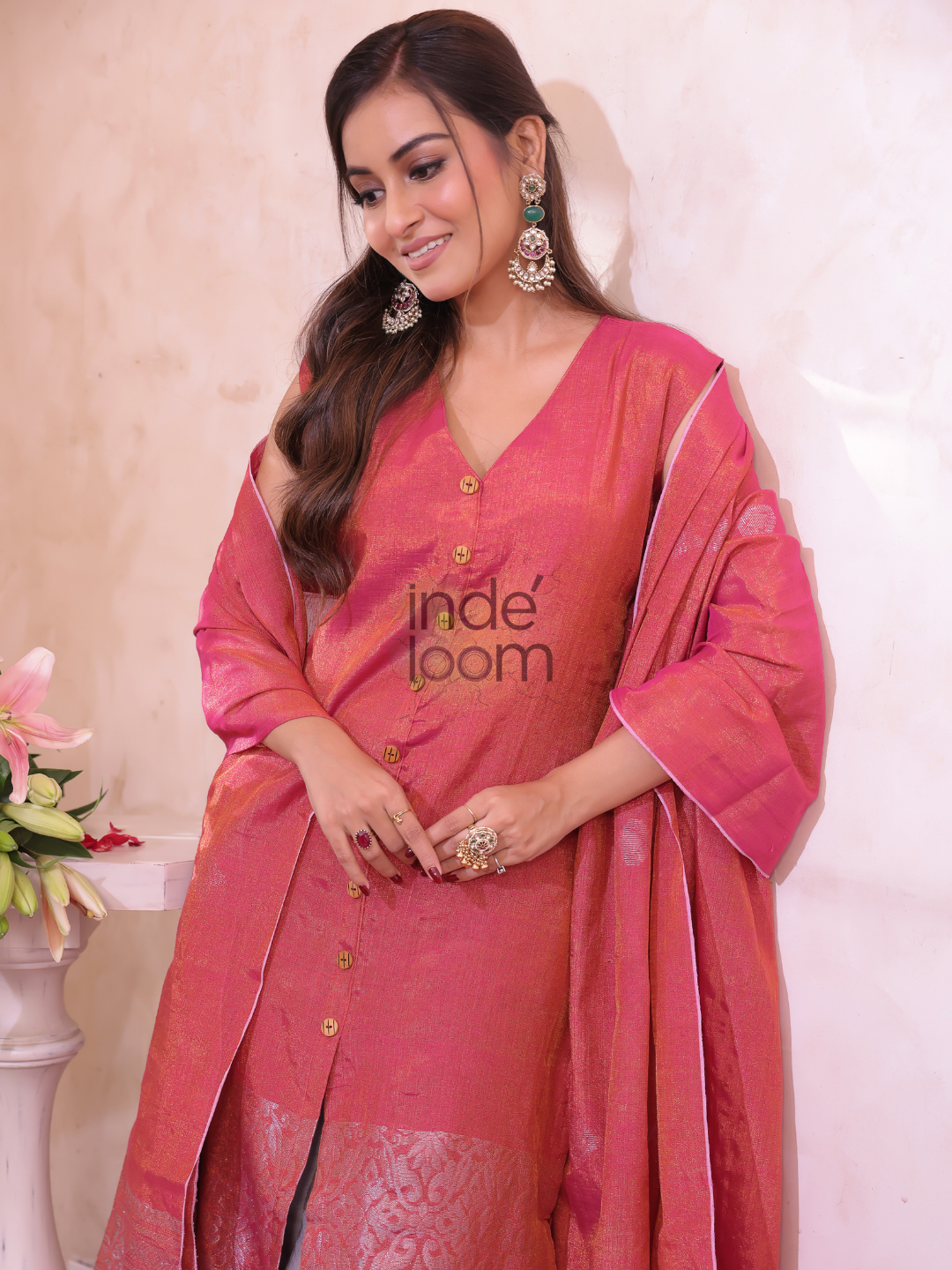 Rose Red Tissue Linen Silver Zari Jamdani 2-Piece Set Kurti & Dupatta (UNSTITCHED) - 301