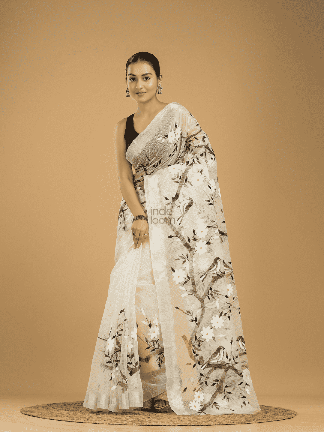 Kota Doria Handpainted Saree With Pearl White - 007 - indeloom