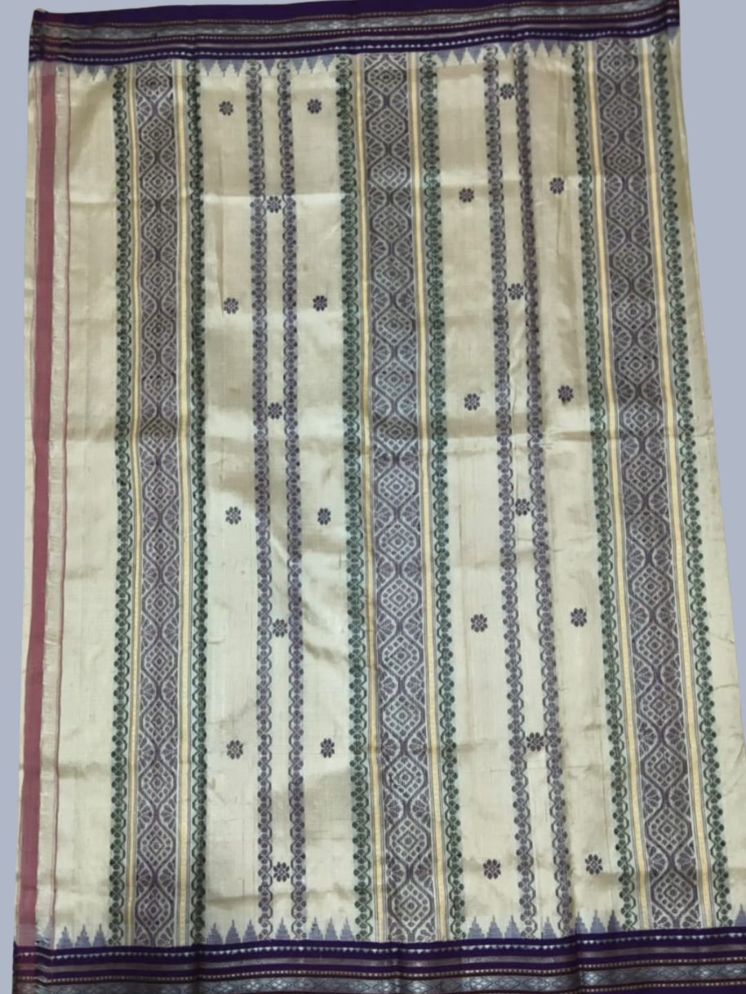 Dark Blue Handloom Vidarbha Tussar Silk Saree with Multicolor Contrast Border -110