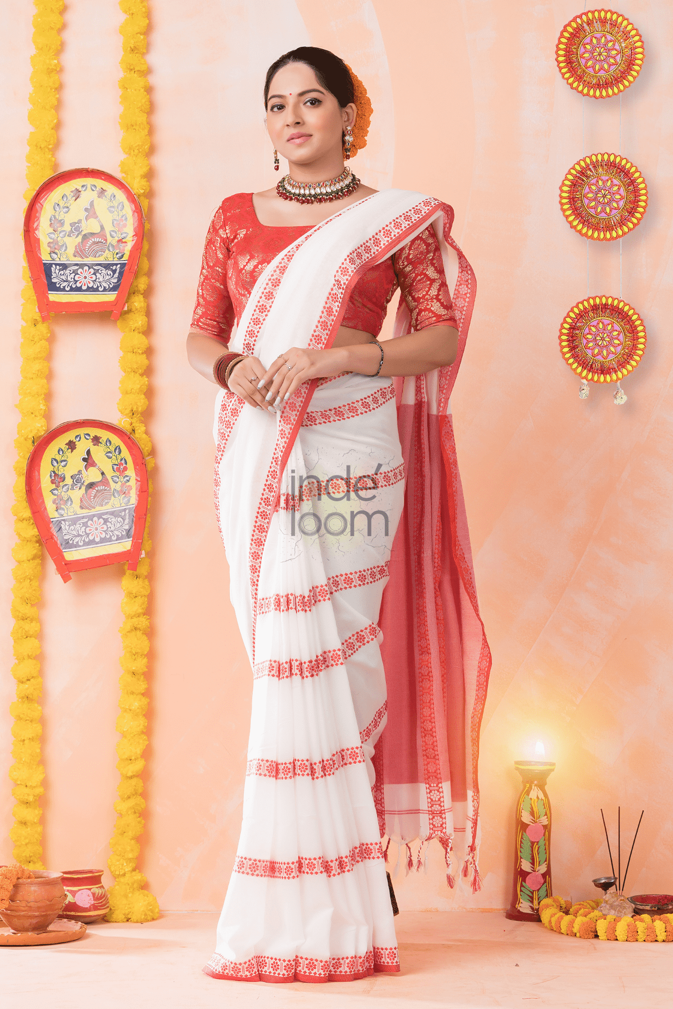 Dewali Saree with Red Stripes design and Border-032 - indeloom