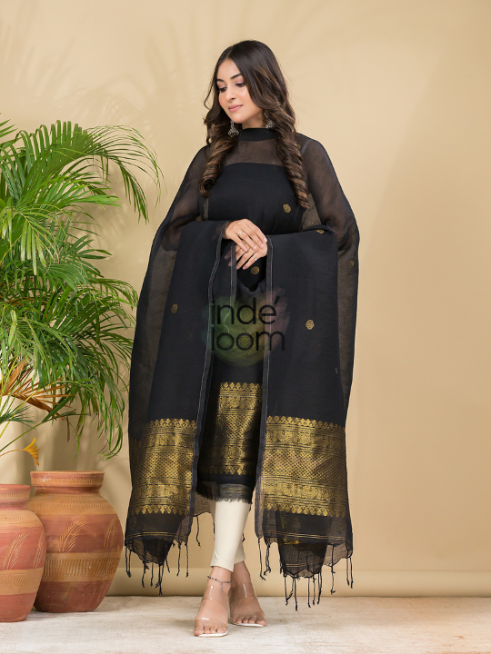 Deep Black | Handloom Jamdani Muslin Unstitched 2-Piece Kurti | Classic Design
