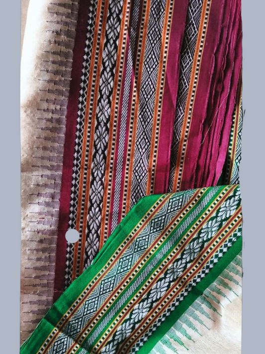 Dark Pink Handloom Vidarbha Tussar Silk Saree with Multicolor Contrast Border -111