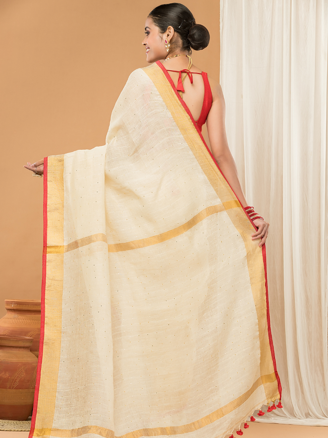 Linen Sequin Jamdani Saree With Cream White - 002