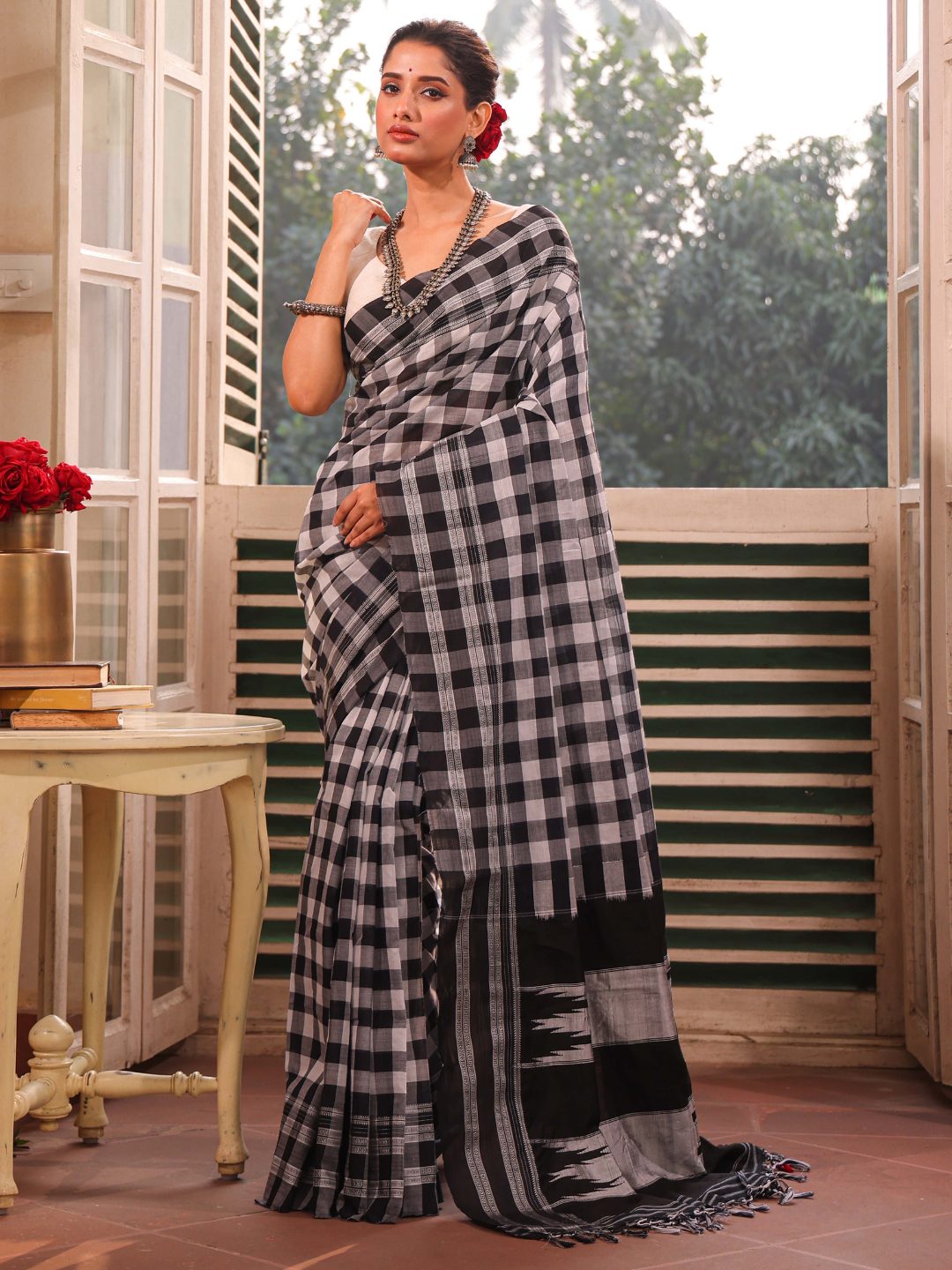 Ilkal Saree in Black and White Checks - 006