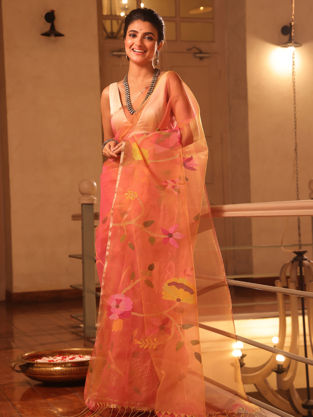 Handwoven Pure Jamdani Muslin Saree  |  Fire Orange