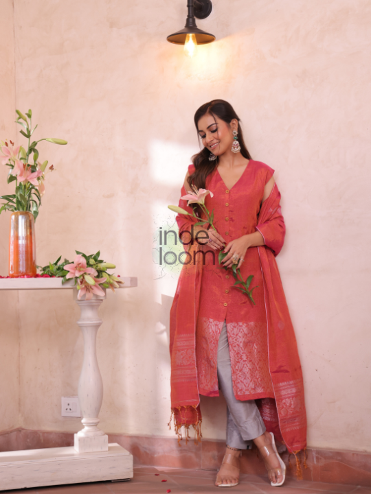 Lava Red | Handloom Jamdani Linen Unstitched 2-Piece Kurti