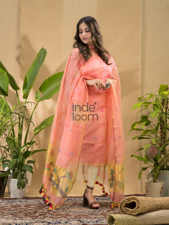 Flame Coral | Handloom Jamdani Muslin Unstitched 2-Piece Kurti | Paithani Design