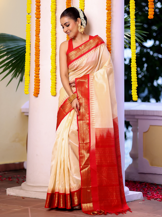Pure Handloom Korvai Saree | Ivory White and Red