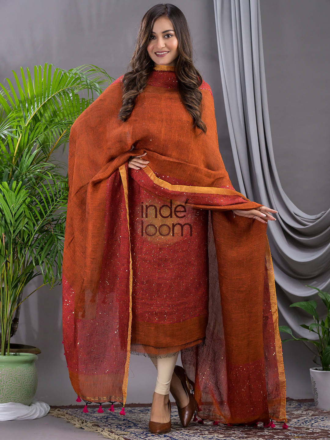 Brick Orange | Handloom Jamdani Linen Unstitched 2-Piece Kurti