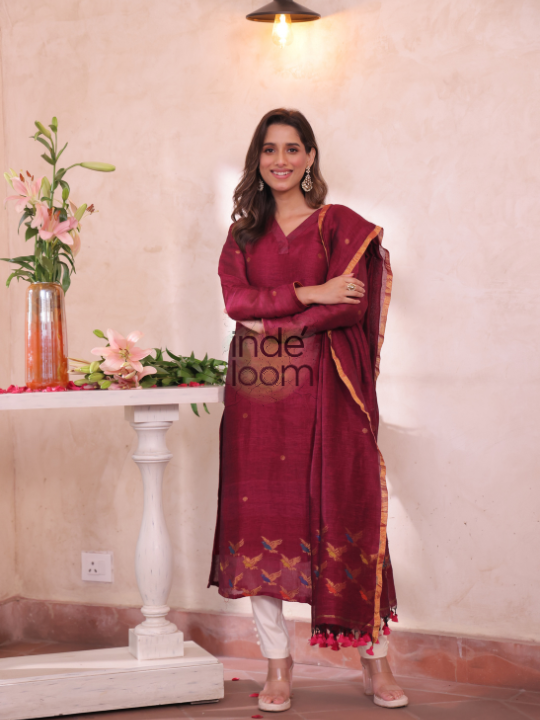 Dark Ruby | Handloom Jamdani Linen Unstitched 2-Piece Kurti