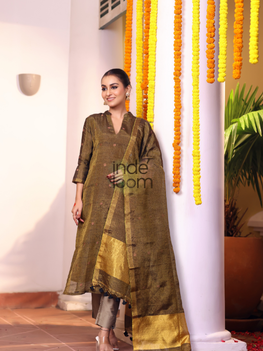 Olive Gold | Handloom Jamdani Linen Unstitched 2-Piece Kurti
