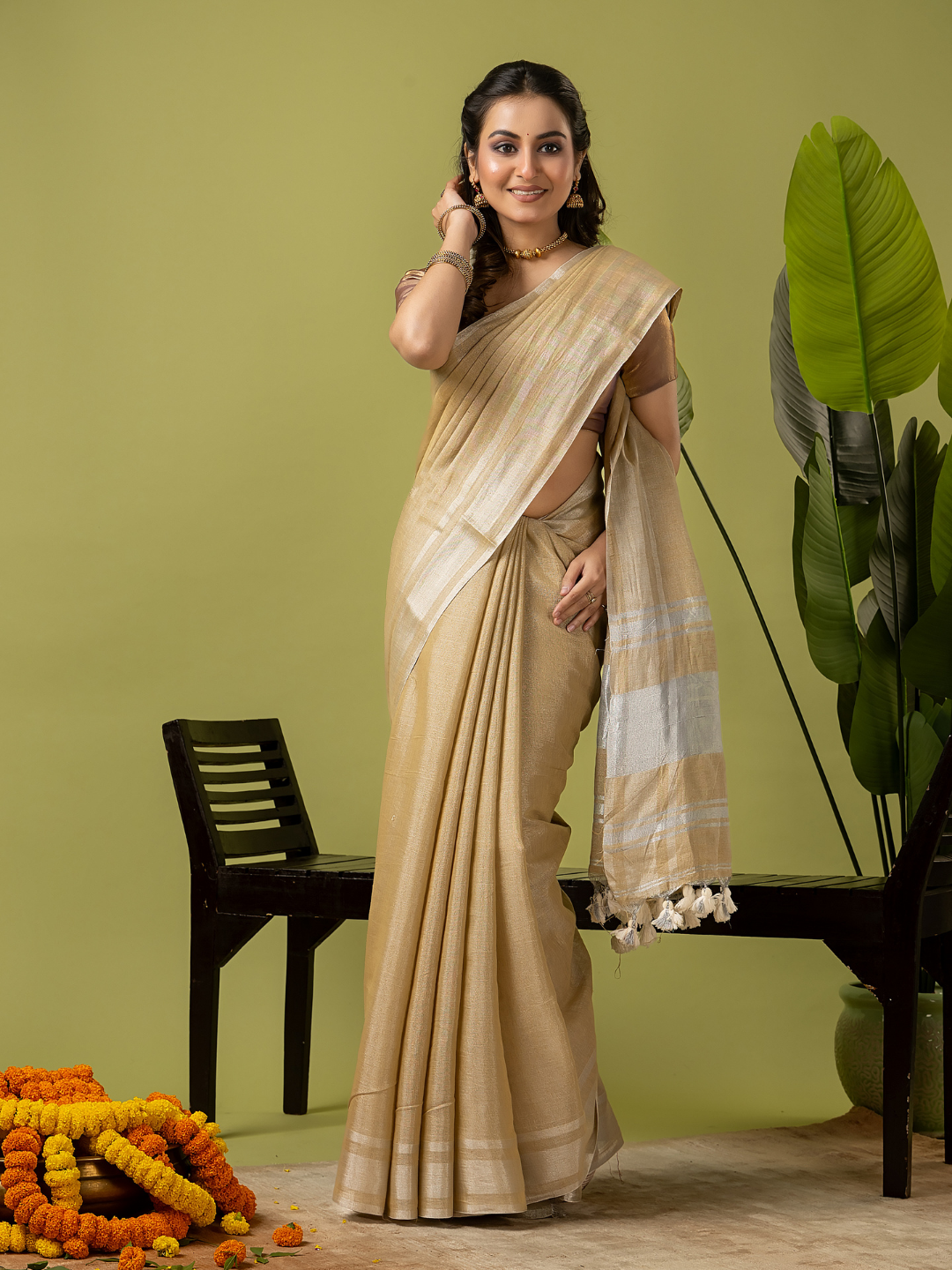 Pure Handloom Linen Saree | Khaki Golden Green  and Green | Half and Half style with Contrast Border