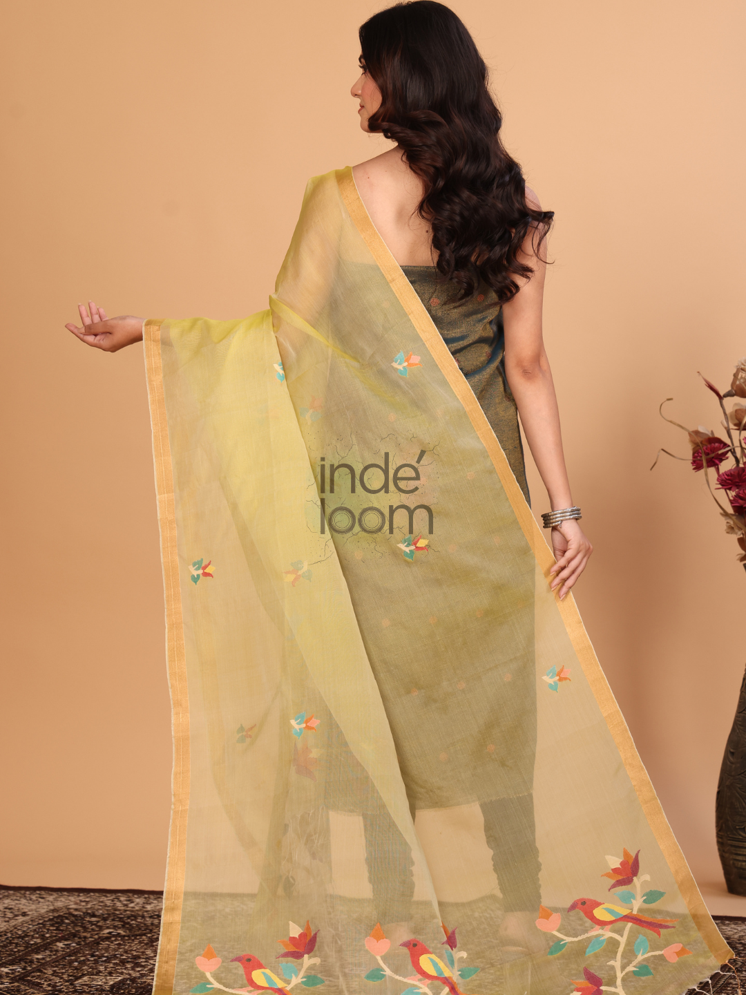 Pure Handloom Muslin Jamdani Dupatta With Pale Yellow  - 001