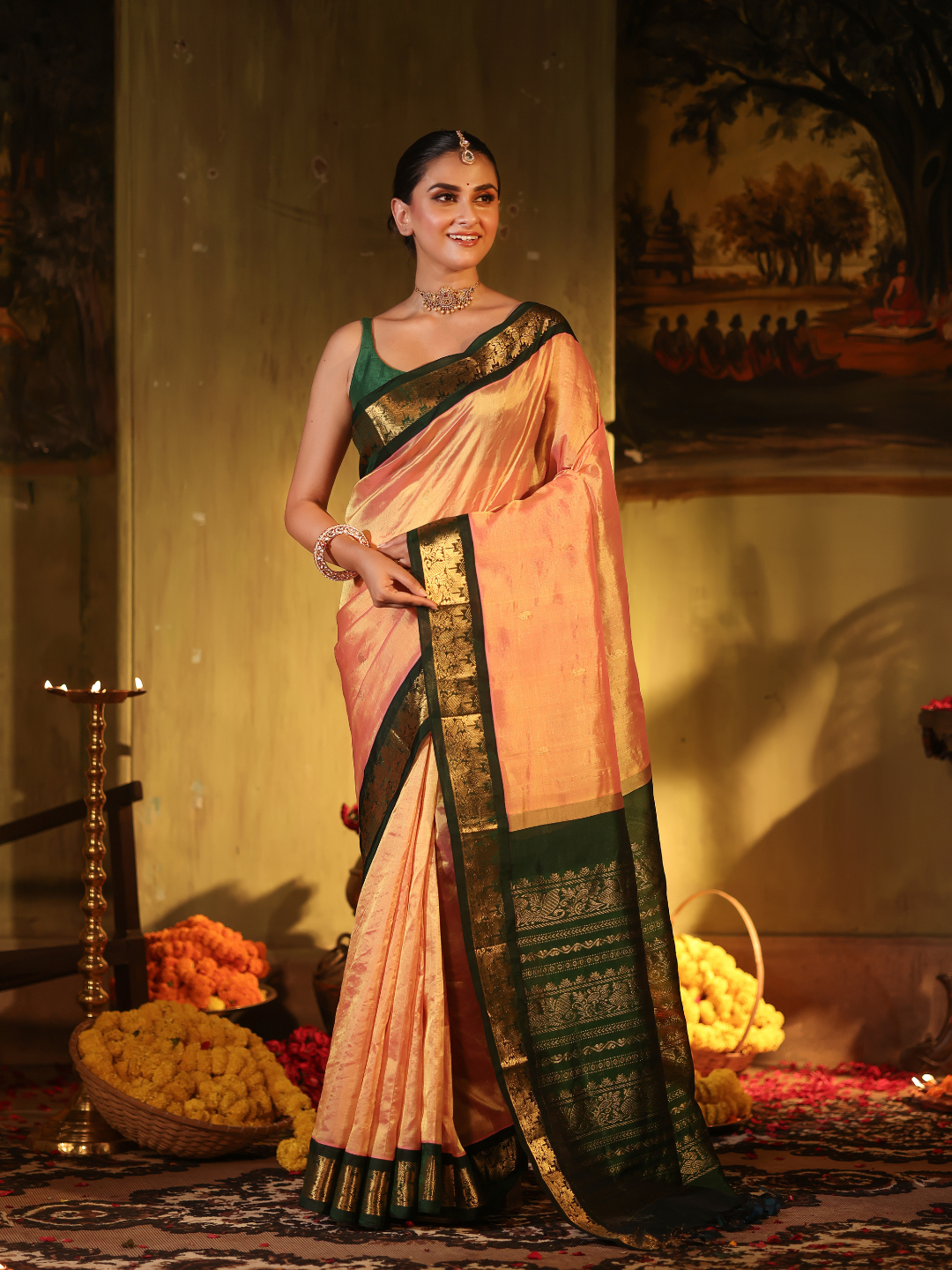 Pure Handloom Korvai Saree | Peach-Pink and Dark Green