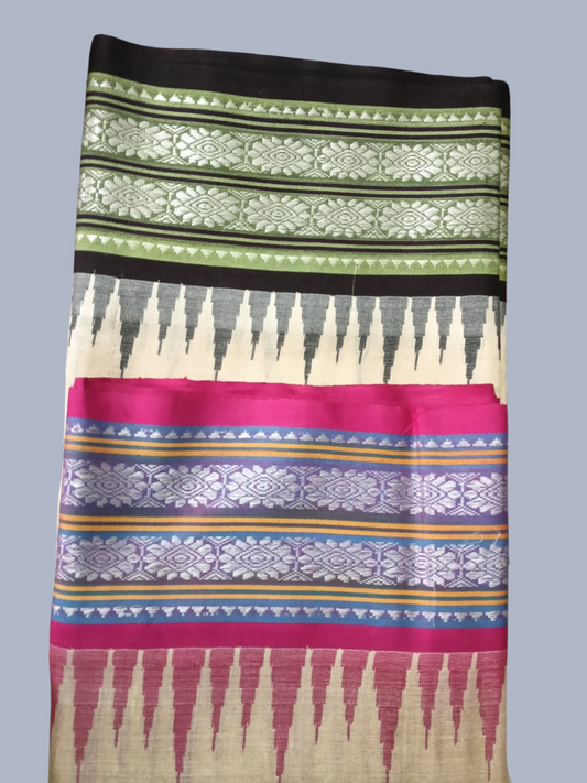Peach Pink Handloom Vidarbha Tussar Silk Saree with Multicolor Contrast Border -120