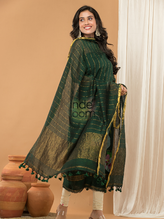 Forest Green | Handloom Jamdani Linen Unstitched 2-Piece Kurti