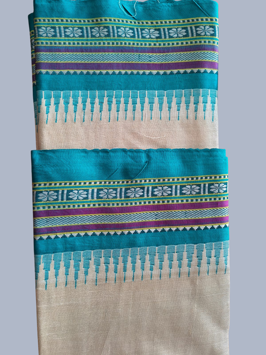 Sea Blue Handloom Vidarbha Tussar Silk Saree with Multicolor Contrast Border -002