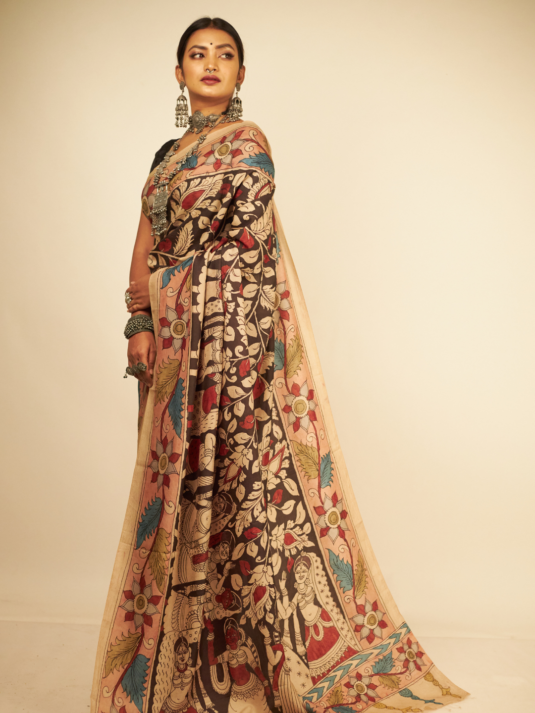Exclusive All Over Florals On Mulberry Silk Pen Kalamkari Saree-003
