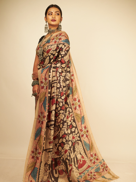 Traditional Handpainted Pen Kalamkari Mulberry Silk Saree  |  Peach Orange