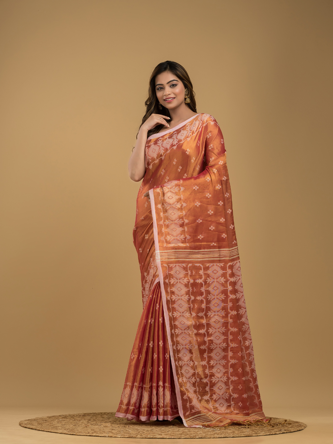 Tissue Silk Jamdani Saree Fire Orange - 041