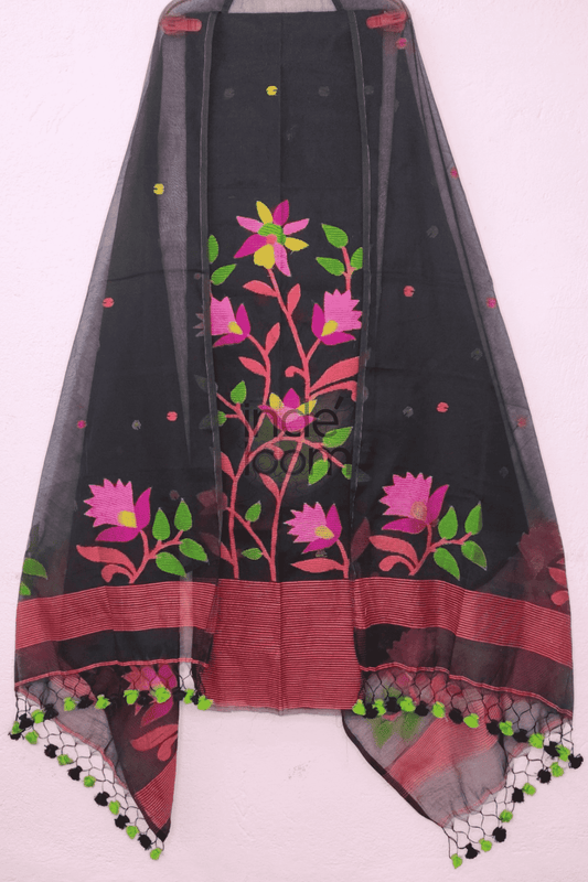 Handwoven Jamdani Muslin Unstitched 2-piece Kurti  |  Midnight Black