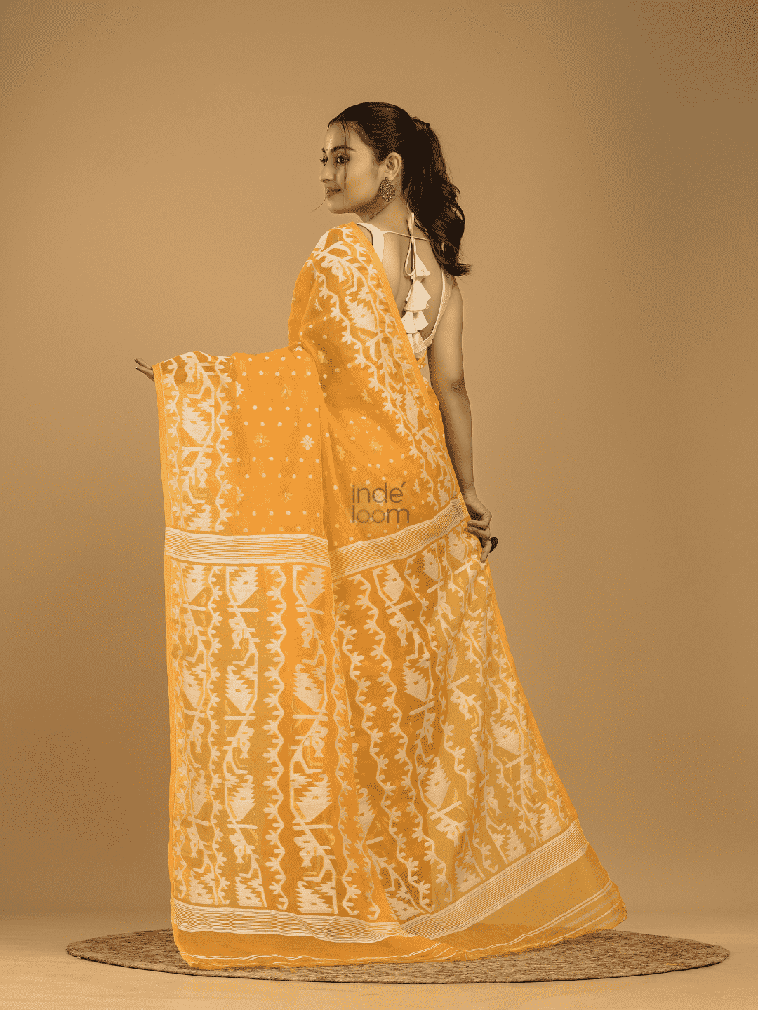 Amber Orange Cotton Silk Jamdani Saree - 001 - indeloom