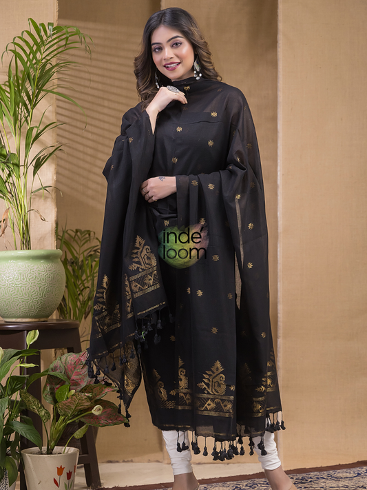 Deep Black | Handloom Jamdani Cotton Unstitched 2-Piece Kurti | Meenakari Design