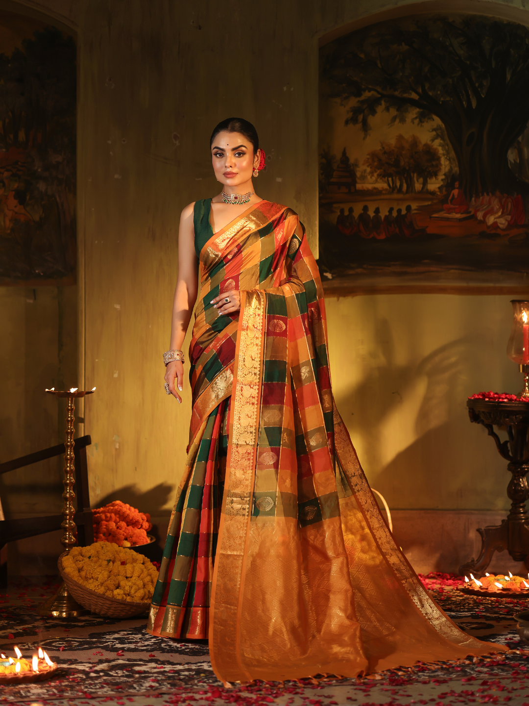Pure Handloom Korvai Saree | Checks Green, Maroon, Mustard Gold