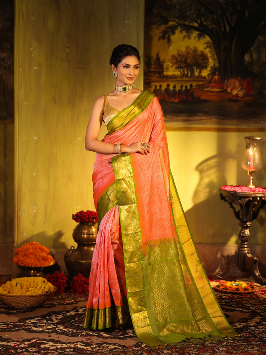 Pure Handloom Korvai Saree | Coral Pink and Leaf Green
