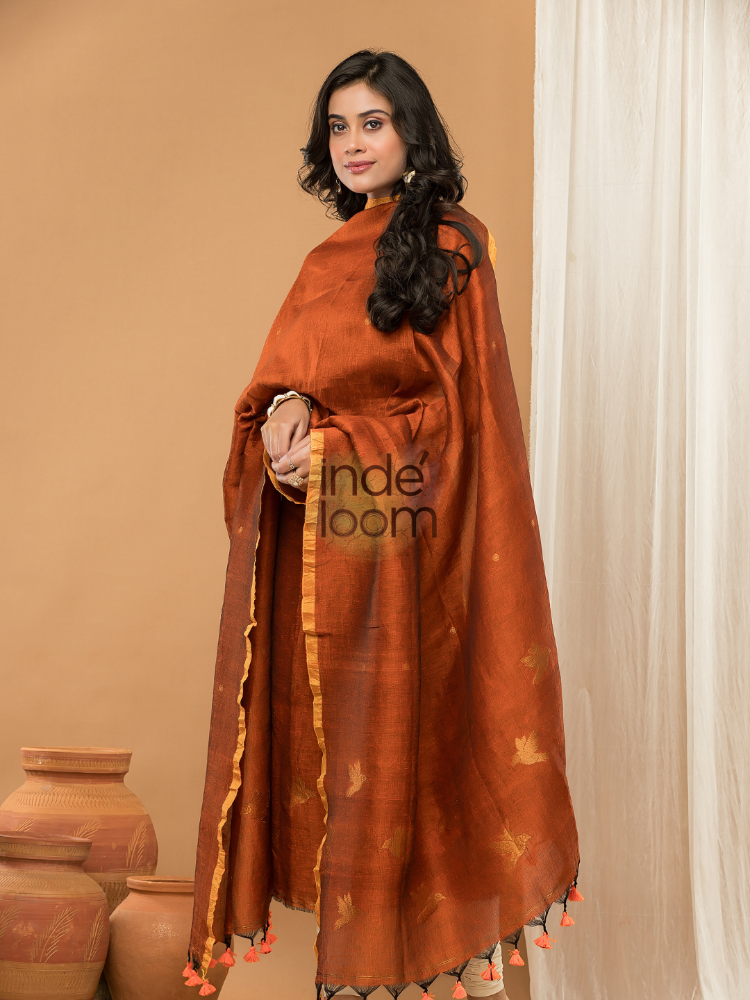 Terracotta Orange | Handloom Jamdani Linen Unstitched 2-Piece Kurti