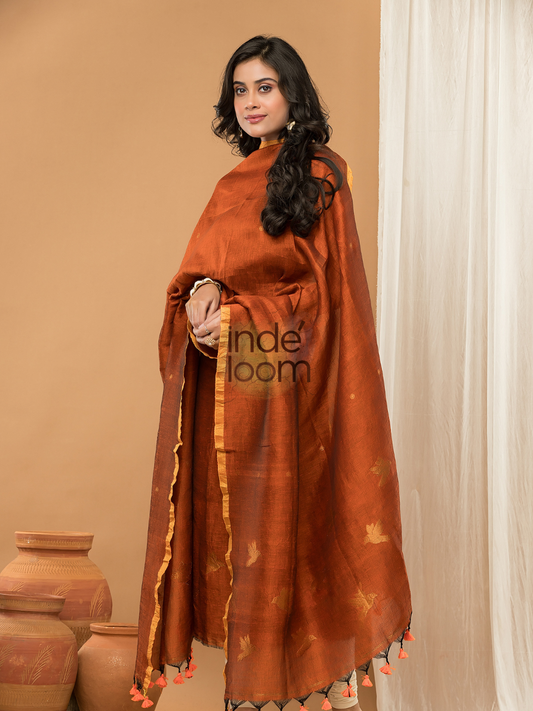 Handwoven Jamdani Linen Cotton Unstitched 2-piece Kurti  |  Burnt Orange