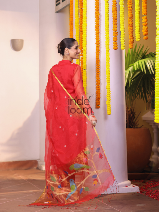 Handwoven Jamdani Silk Cotton Kurti  |  Brick Red