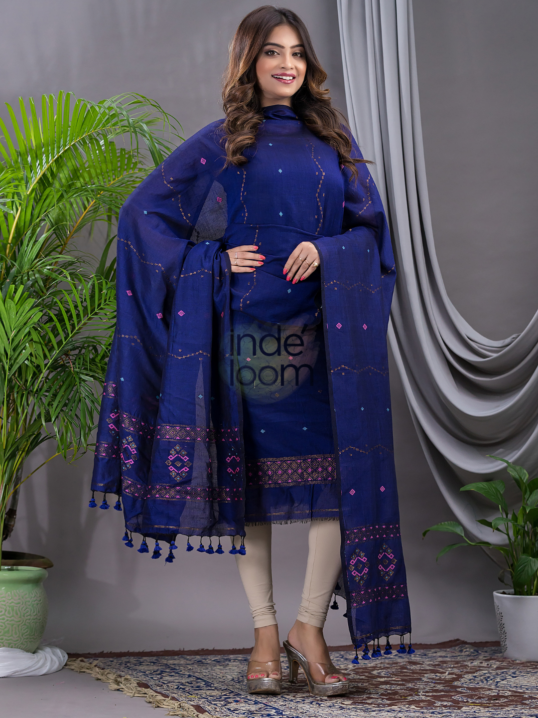 Berry Blue 120 Count Cotton Jamdani 2-Piece Set Kurti & Dupatta (UNSTITCHED) - 101