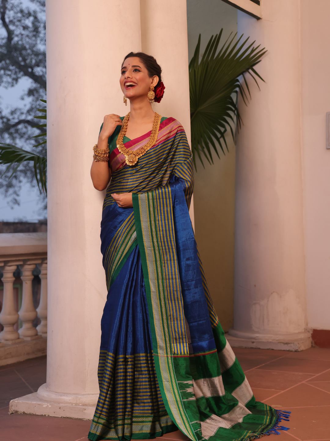 Ilkal Saree in Blue and Green Pallu - 001
