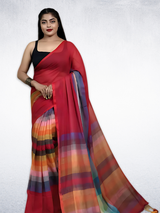 Handloom Mul Cotton Saree With Blood Red -019