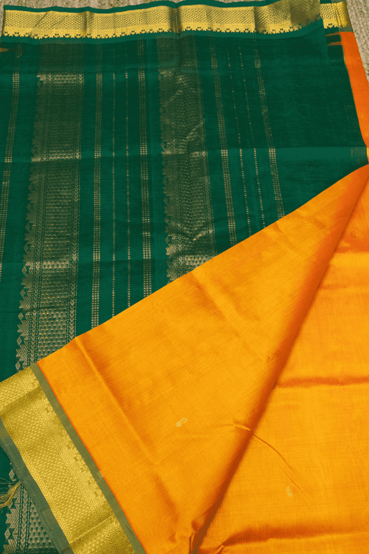Pure Handloom Korvai Saree in Sun Yellow Green Border with small buttas - 140