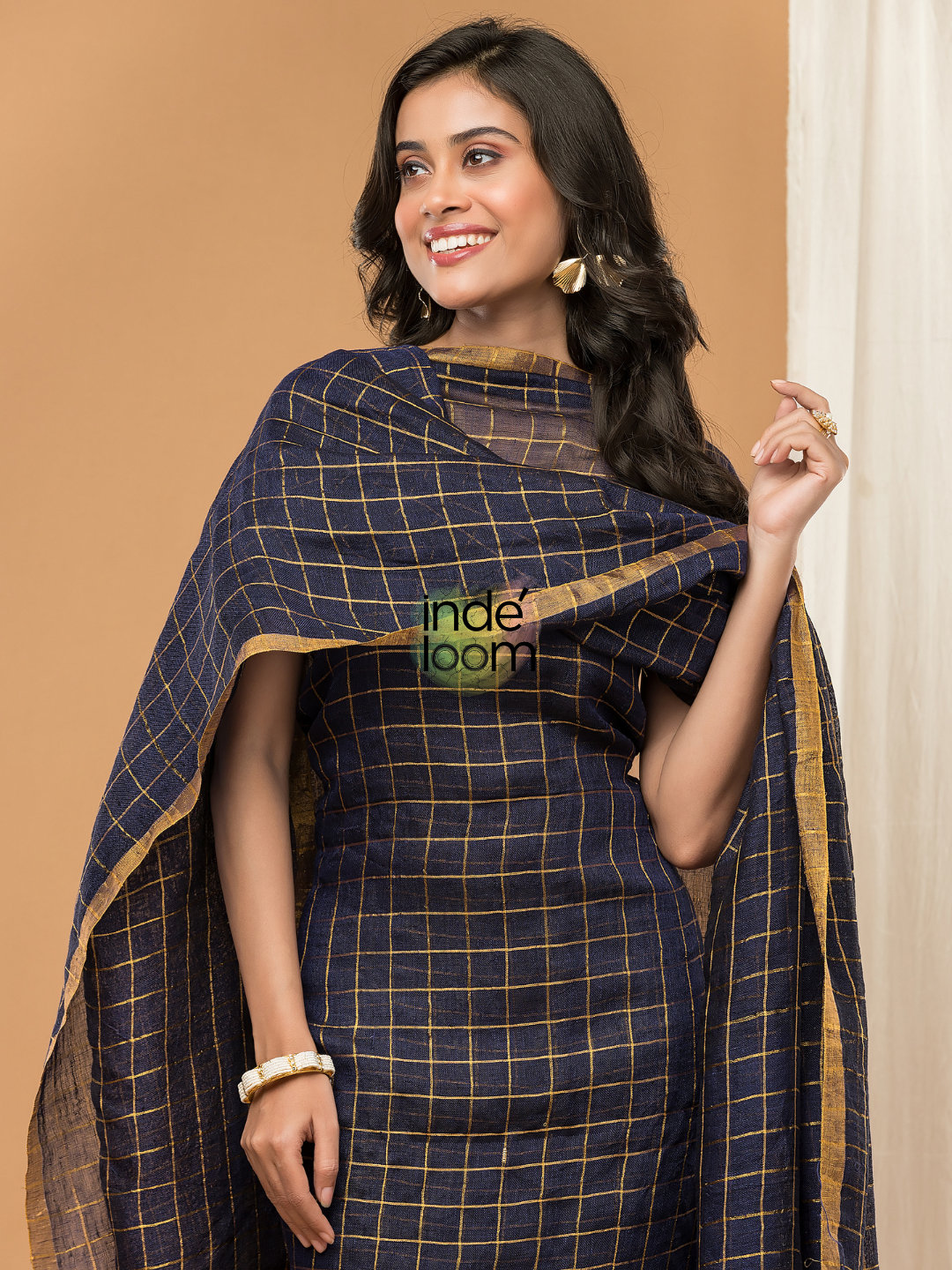 Handwoven Jamdani Linen Kurti  |  Navy Blue