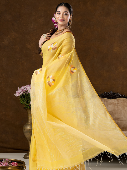 Handwoven Jamdani Muslin Silk Saree | Lemon Yellow