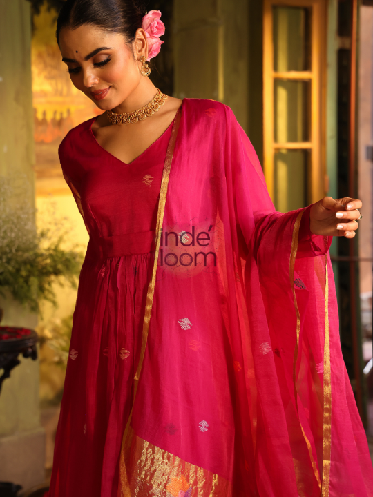 Handwoven Jamdani Cotton Silk Kurti  |  Magenta Pink